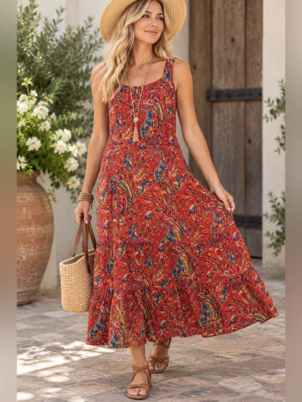 Talbots Red Paisley Boho Maxi Dress Sleeveless Tiered Sundress Size 8